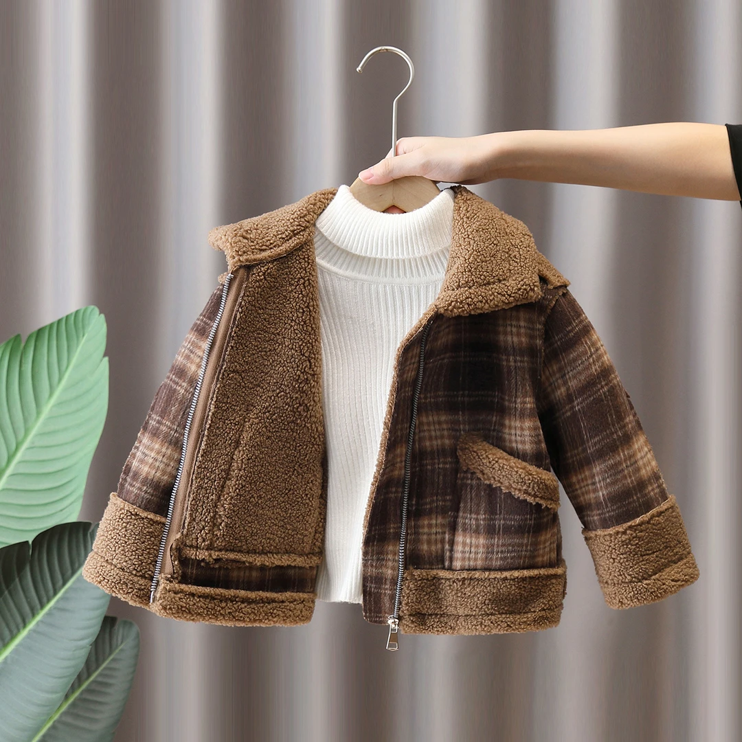 儿童加绒外套秋冬款2025新款男童皮毛一体上衣冬装格子呢子衣服冬