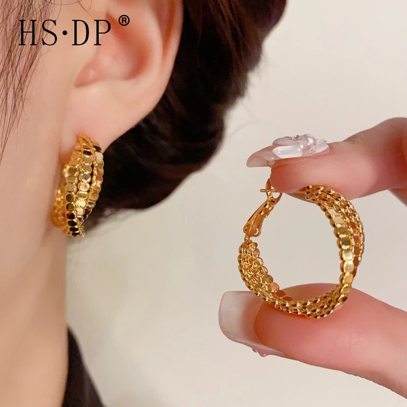 铜合金耳饰 个性时尚复古圆形不规则三层耳圈气质百搭轻奢