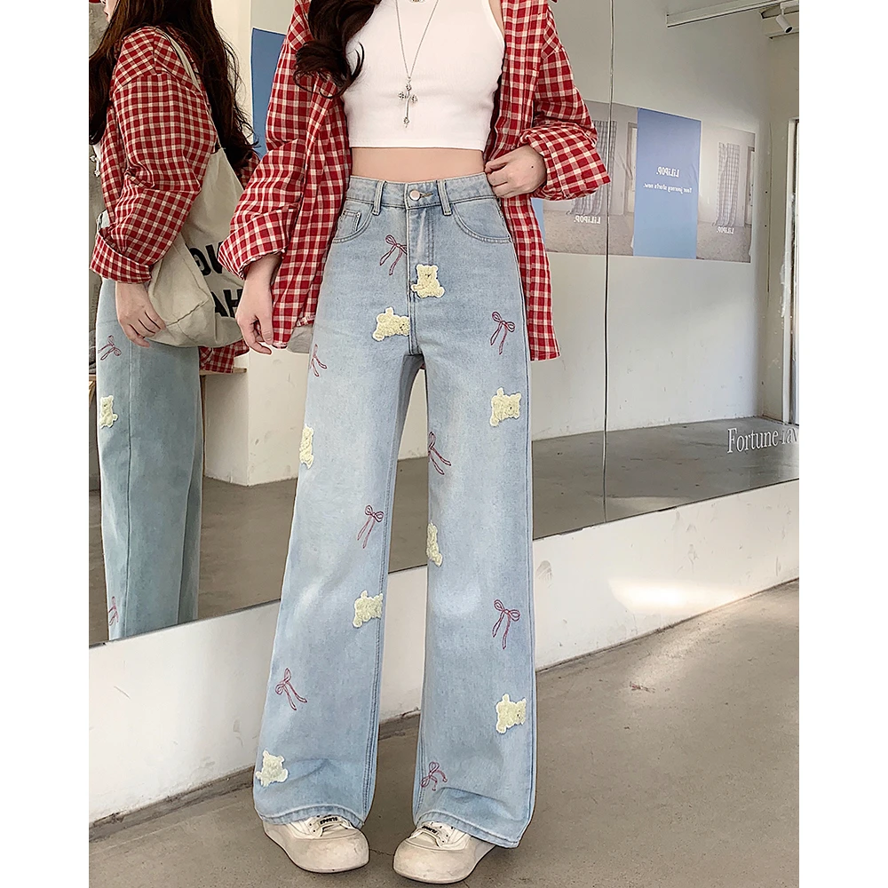 大码女装2025春季高腰垂感阔腿裤重工小熊刺绣涂鸦牛仔裤65521