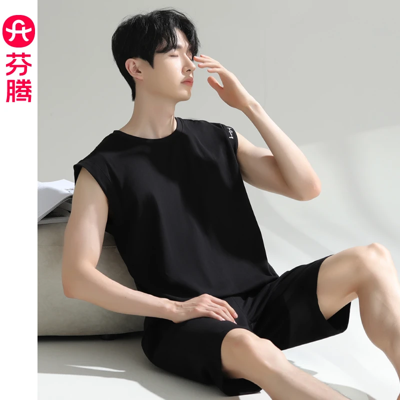芬腾背心睡衣男款无袖夏季薄款纯棉可外穿加肥加大中年家居服套装