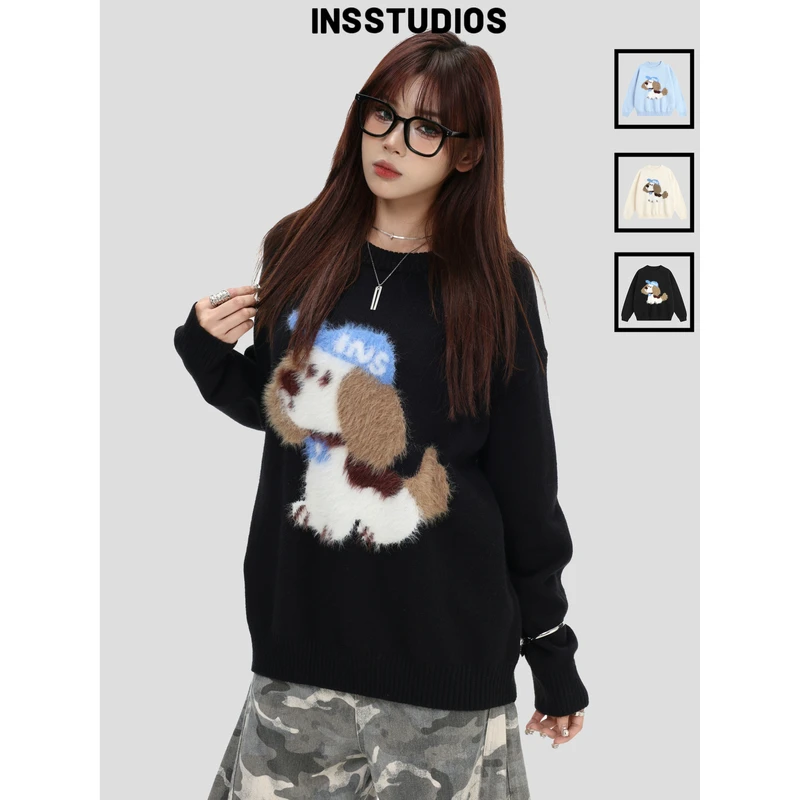 INSstudios 国潮牌情侣美式「毛绒小狗提花毛衣」休闲套头针织衫