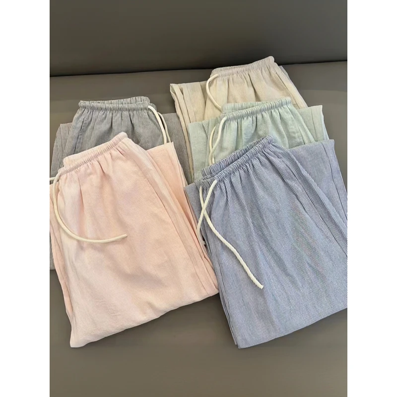 定制 Girl美式复古条纹抽绳系带阔腿裤长裤Hh宽松显瘦休闲裤女8