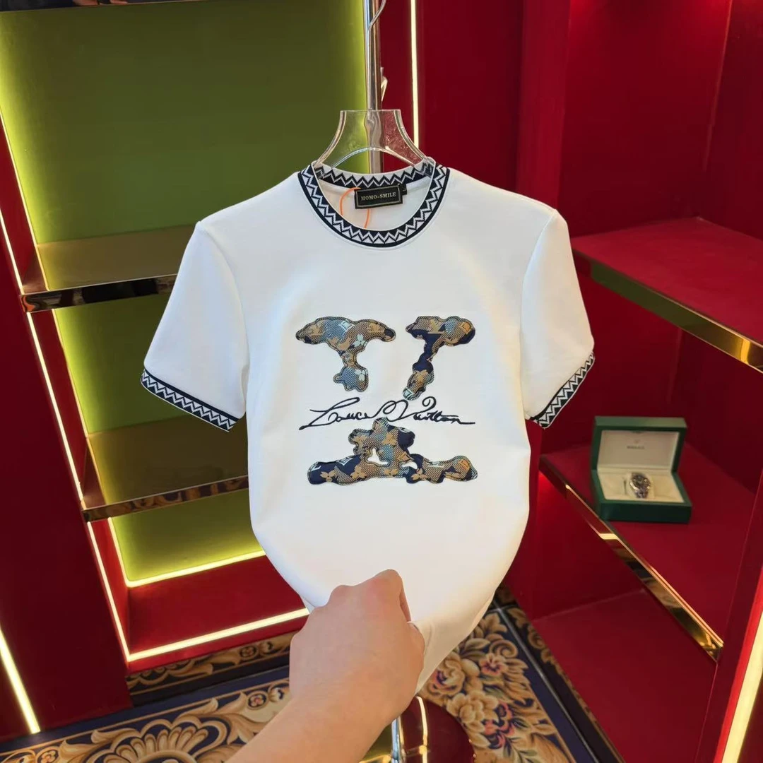 2025夏季新款圓領男士輕奢半袖修身刺繡T恤款9226款