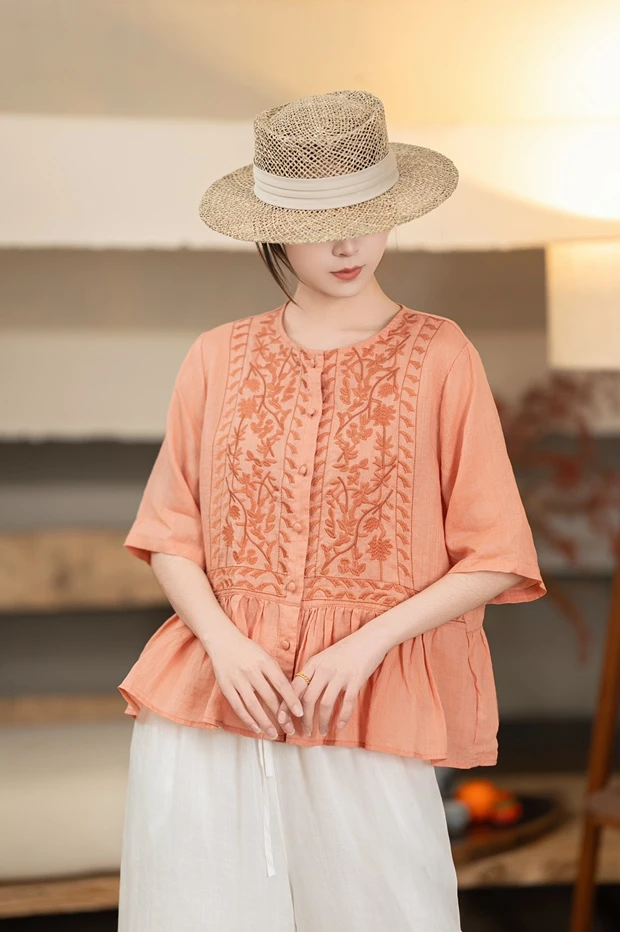 新中式宽松苎麻小衫刺绣圆领夏季短袖上衣8619-2肩41胸112长57