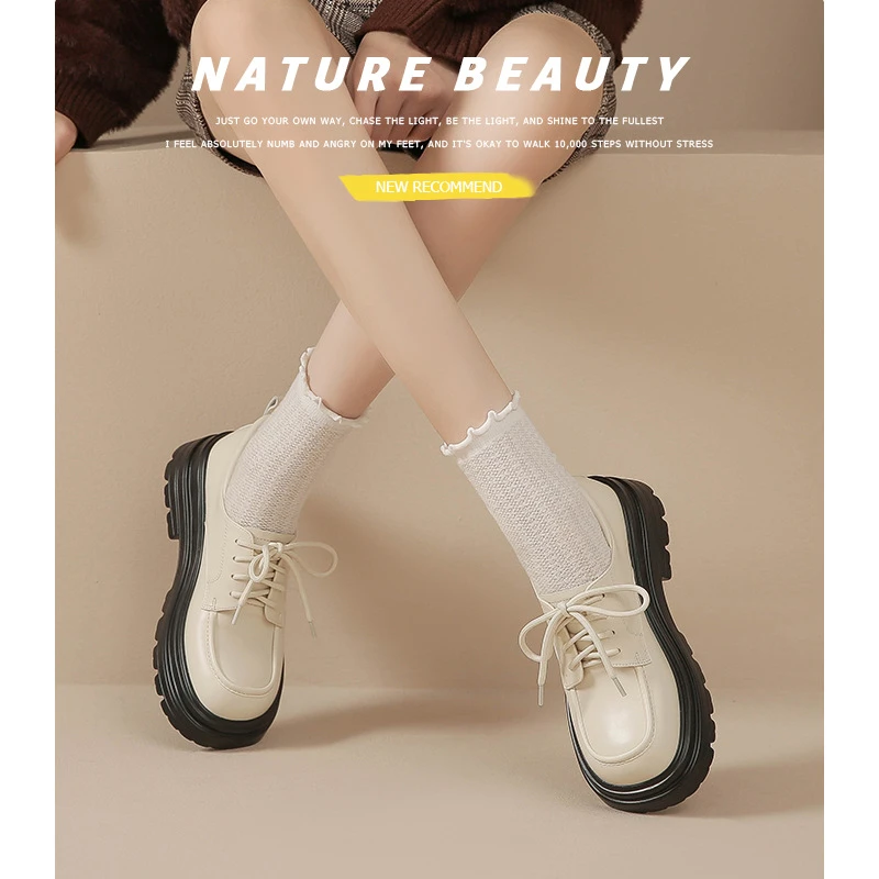 乐福鞋子女款爆款2025新款时尚圆头粗跟系带英伦风内增高厚底鞋女