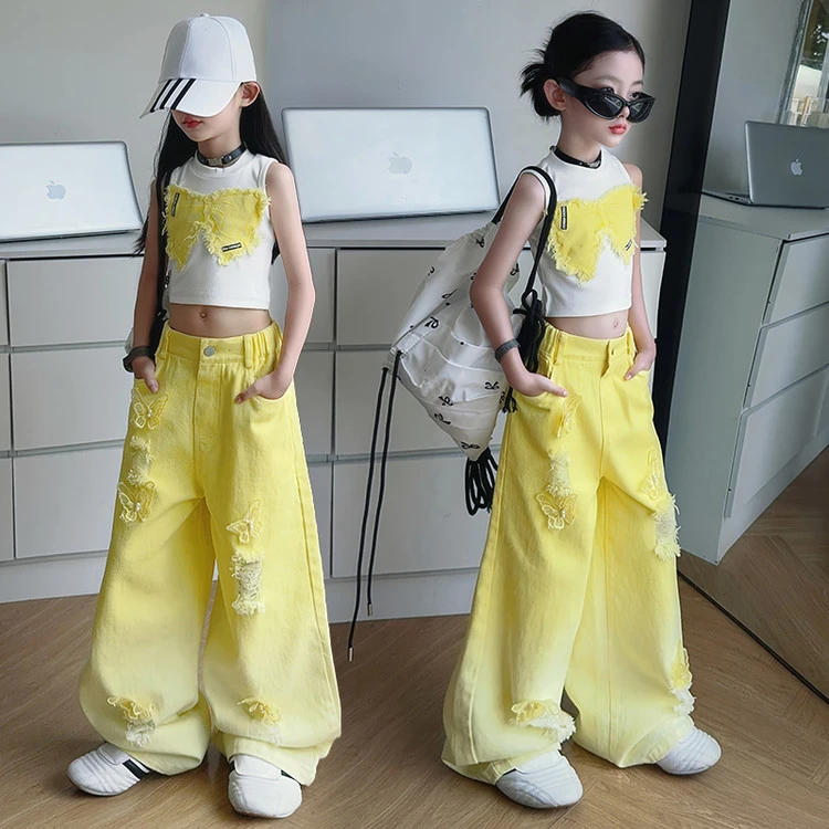 女童夏季背心套装2025新款儿童夏装薄款长裤大童洋气蝴蝶牛仔裤子