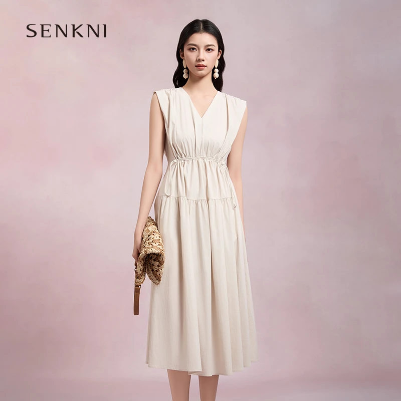 SENKNI圣可尼气质直角肩淡人穿搭连衣裙海岛棉无袖裙S361102OD