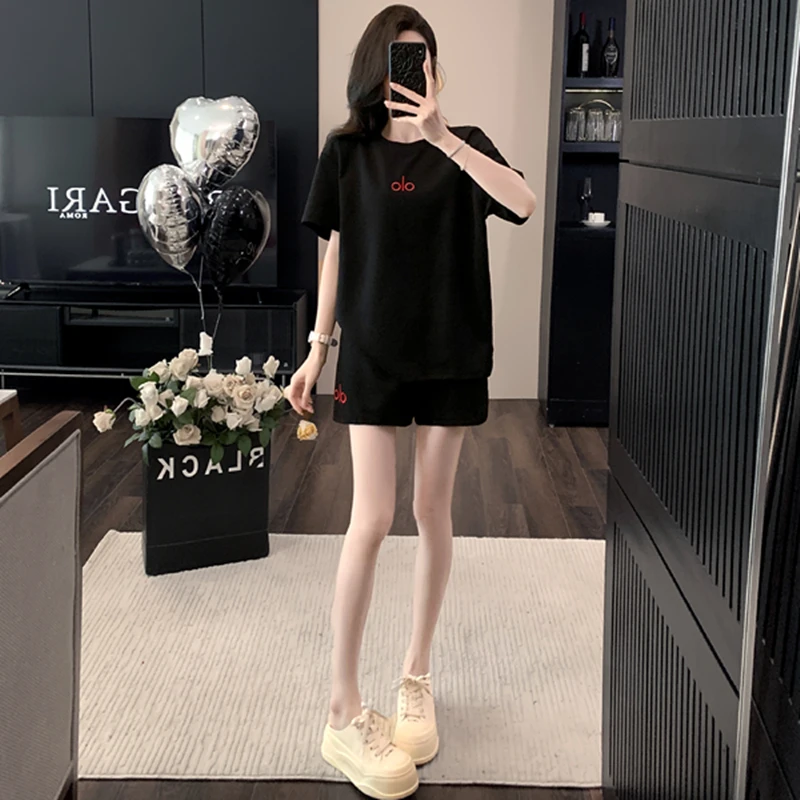 休闲运动套装女两件套夏装中长款百搭时尚显瘦短袖夏季印花宽松