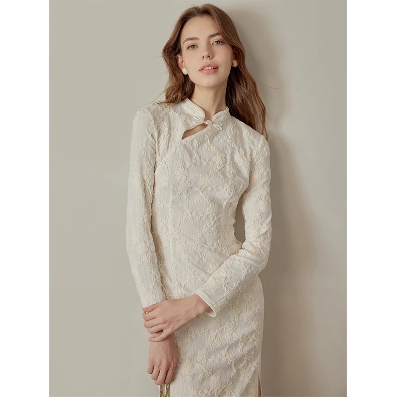 断码折扣｜月下白梅 2024春季新中式提花旗袍连衣裙MSAIQ0075