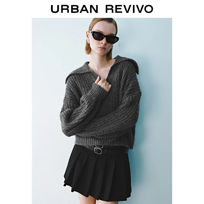 UR2025冬季新款女装简约休闲格雷系翻领针织衫UYY950102+