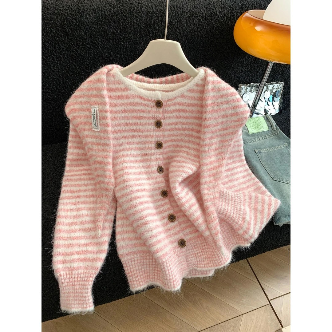 韩系chic慵懒条纹披肩针织开衫女秋冬新款氛围感穿搭软糯毛衣外套