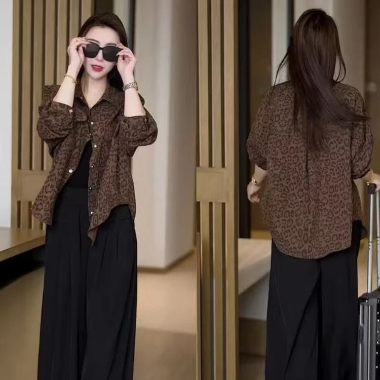 韩系豹纹翻领短款长袖外套女2025春季新款宽松显瘦百搭上衣