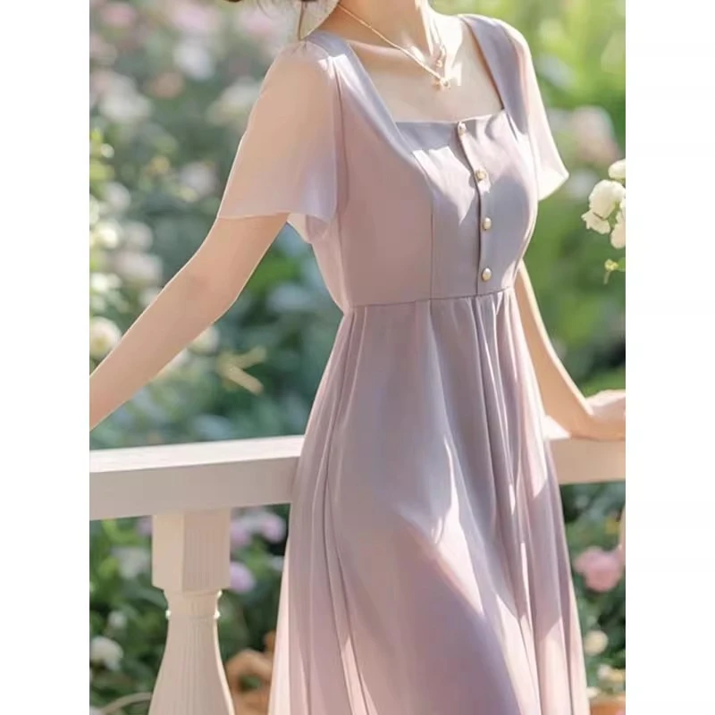 超好看独特漂亮裙子2025新款今年流行爆款法式紫色方领连衣裙女夏