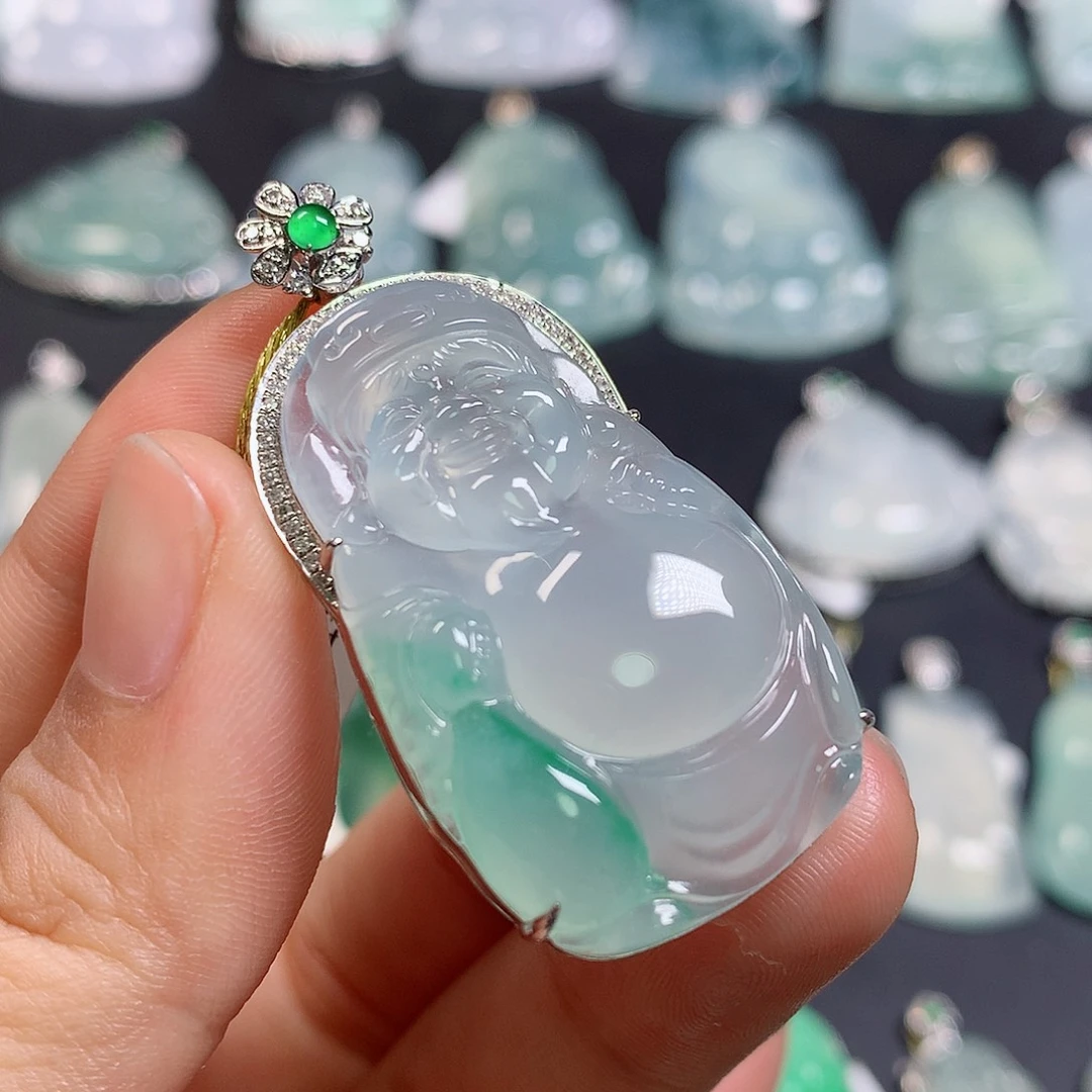 翡翠18K金镶嵌颈饰缅甸天然a货翡翠财爷爷