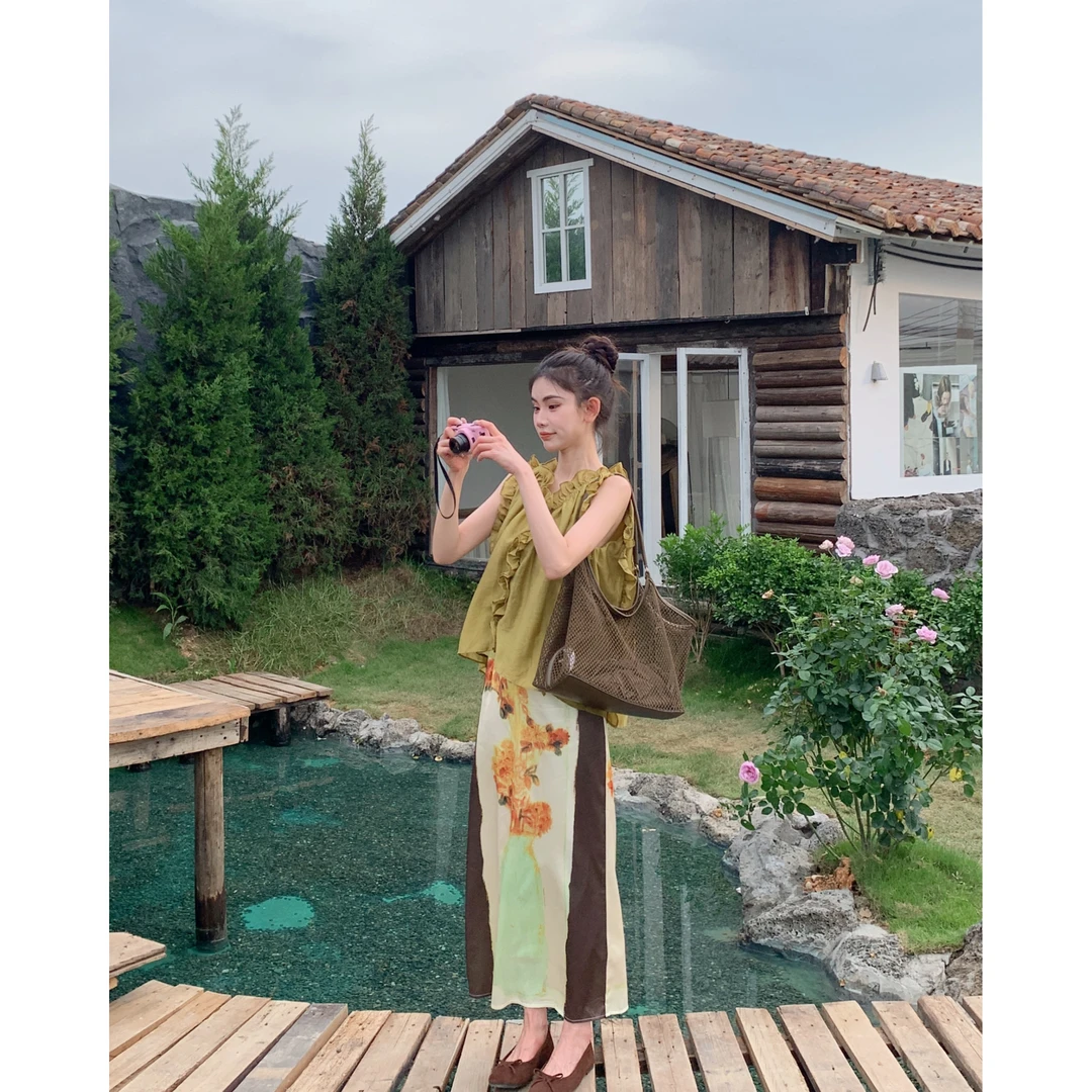 【赵小小&白富美】度假风背心设计荷叶边无袖气质百搭上衣女27170