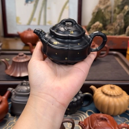 茶壶紫砂六方海棠竹鼓焐灰洒金