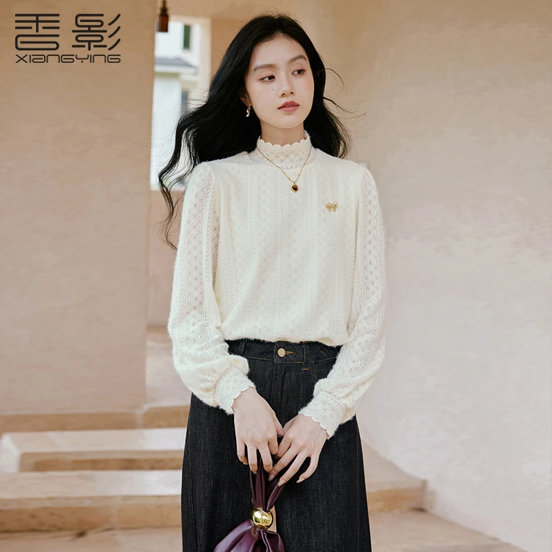 S85A655雪纺衫 香影法式绒感米白上衣女秋季新款重工蕾丝半高领内