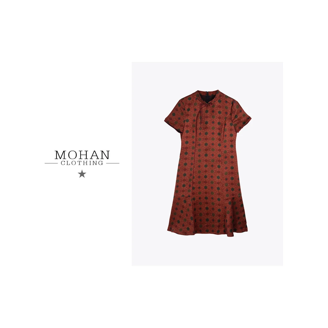 CLOTHING/墨含高奢时尚复古简约休闲气质圆领香云纱连衣裙X25257