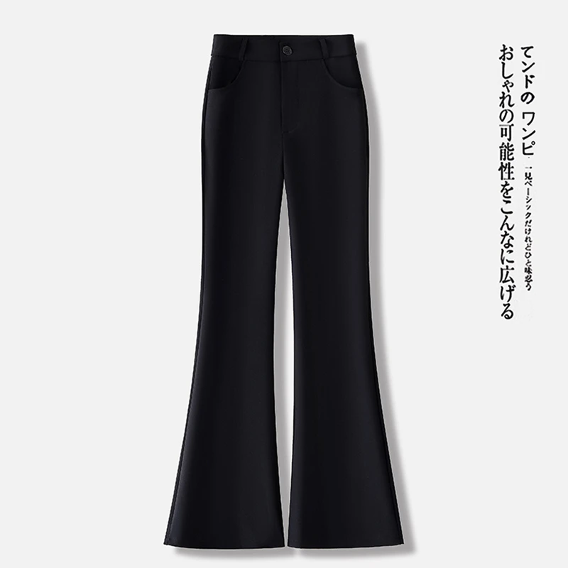 拉夏贝尔黑色加绒西装微喇裤女2025秋季新款高腰弹力时尚喇叭裤子