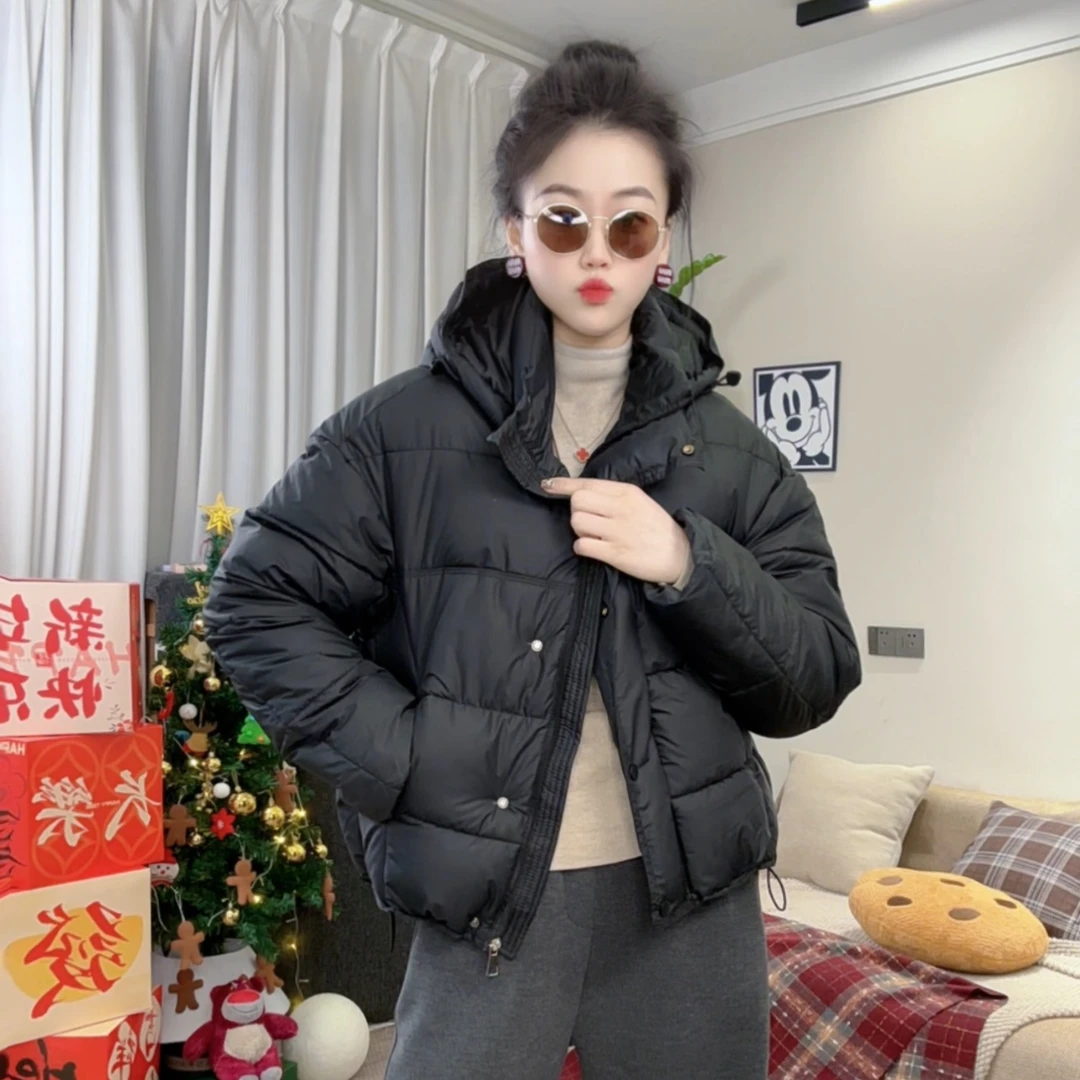 泡芙龟背感黑色短款棉衣女2024冬季新款宽松活帽面包服加厚外套