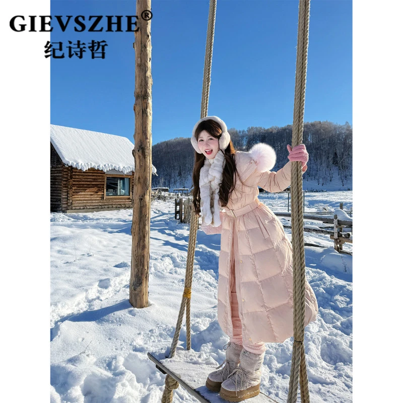 纪诗哲收腰显瘦粉色羽绒服女2025年新款冬季时尚白鹅绒小个子外套