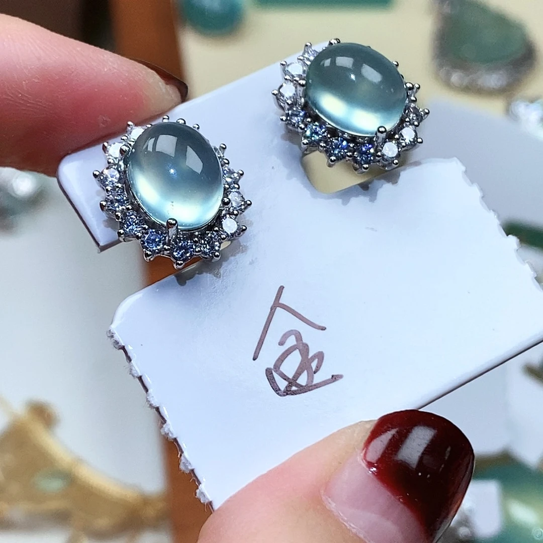 去***雀蛇纹石玉银S925镶嵌耳坠