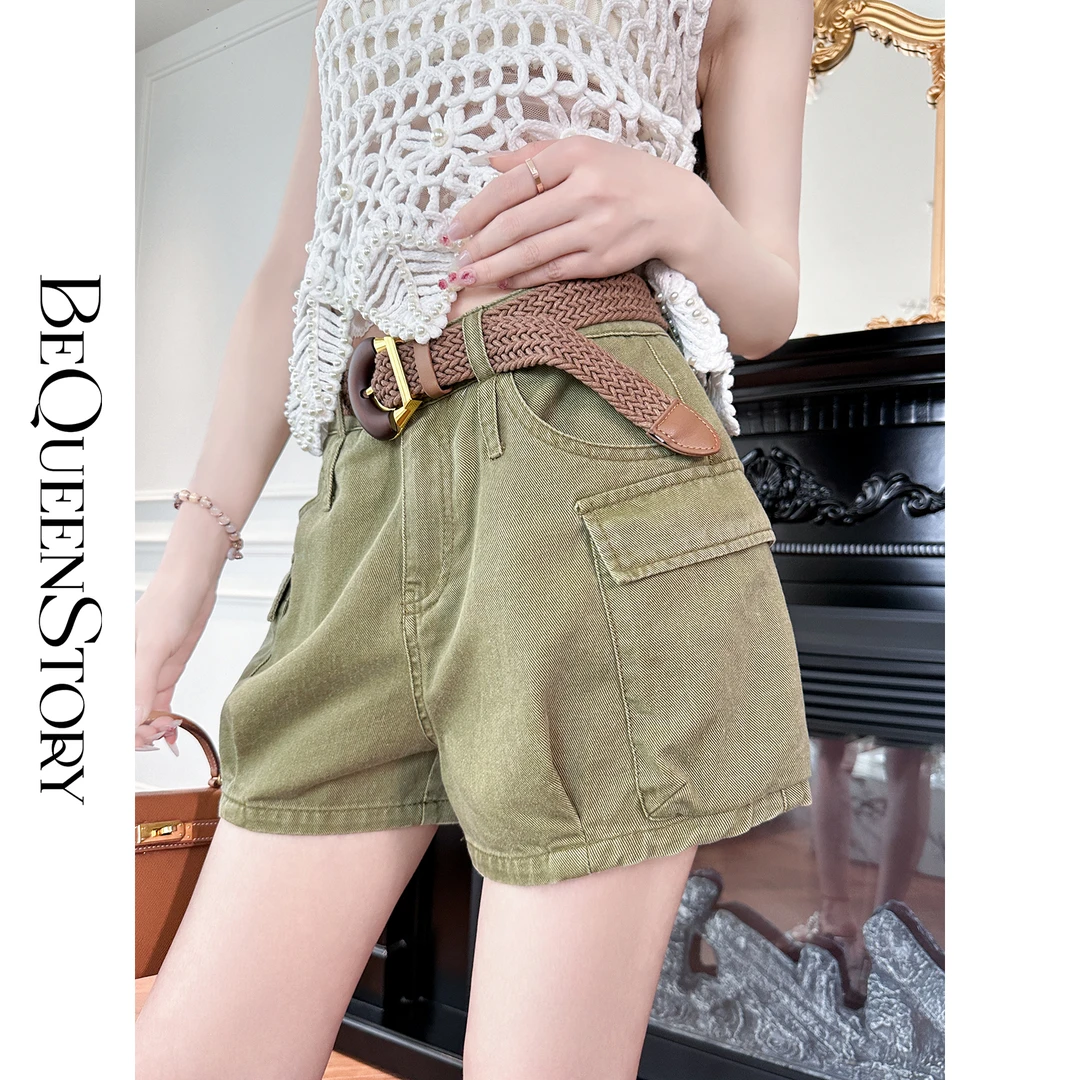 BeQueenStory【城市绿洲】复古水洗层次感微A牛仔工装短裤