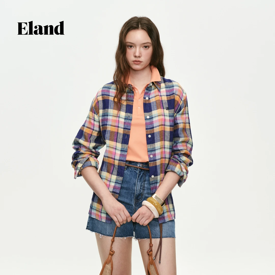Eland衣恋衬衫女时尚撞色格纹落肩宽松H型上衣2026夏季EEYCG26E01