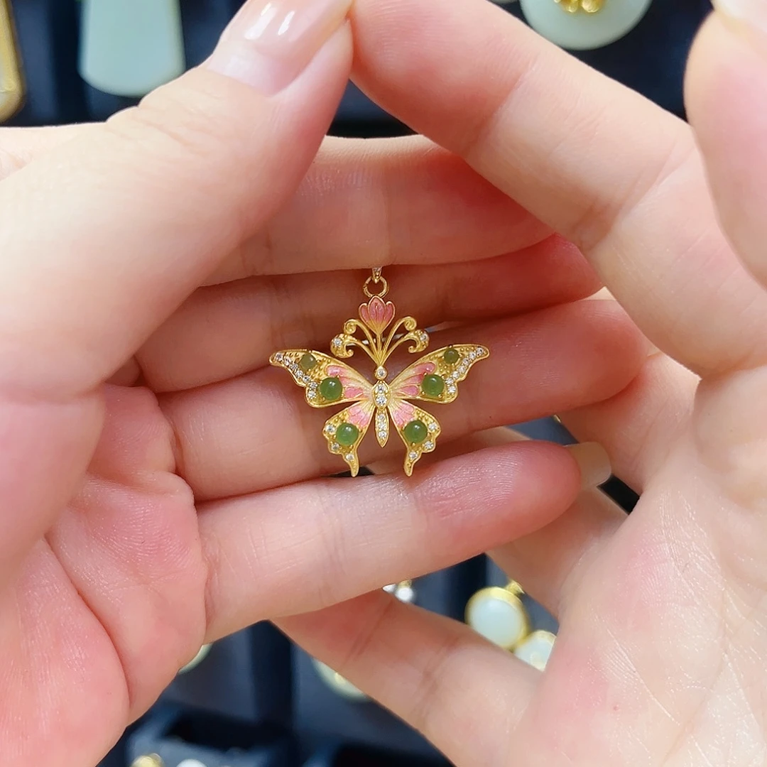 和田玉银S925镀金镶嵌颈饰