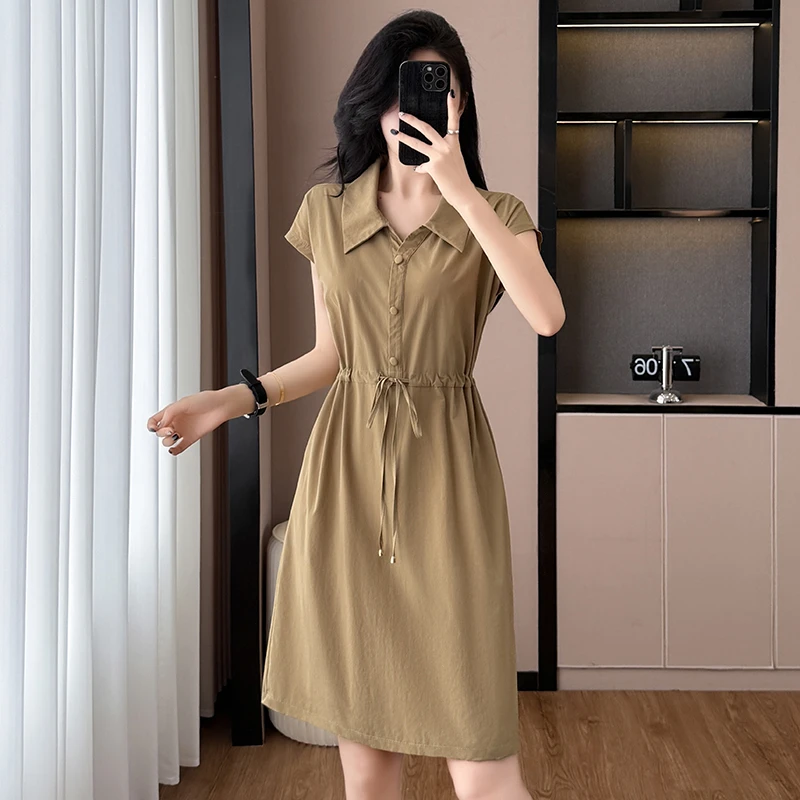 卡其色显瘦大码宽松女装胖mm胖妹妹短袖连衣裙子夏季新款收腰韩版