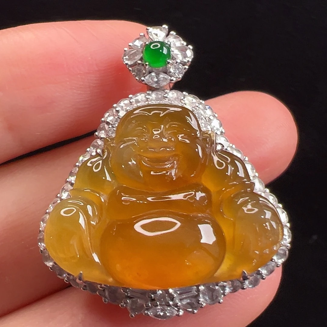 翡翠18K金镶嵌吊坠(不含链)高冰黄翡佛公