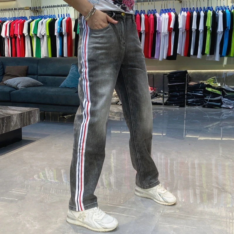 【也许家】新品秋冬高端拼接织带条纹阔腿直筒牛仔裤宽松长裤TH019