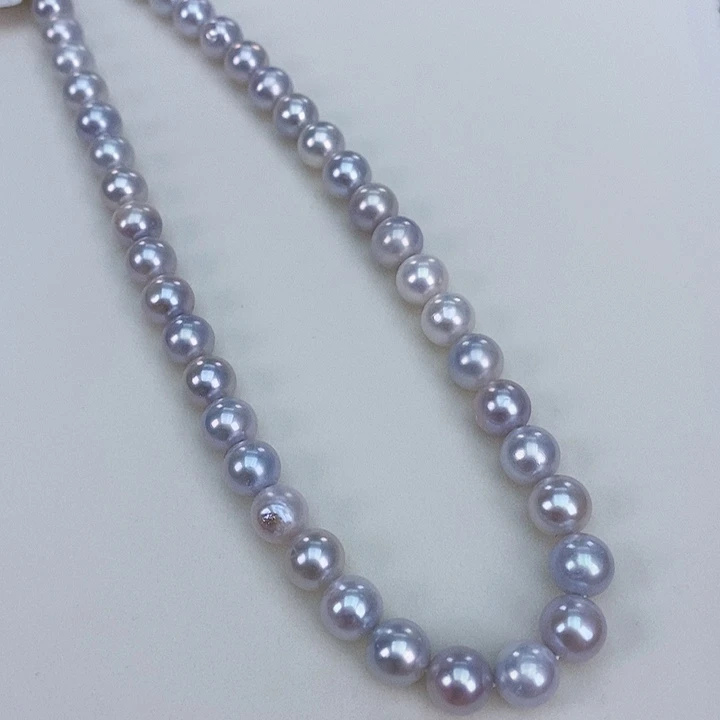 淡水珍珠颈饰银S925镶嵌8-9无核正圆几乎无暇浅灰蓝