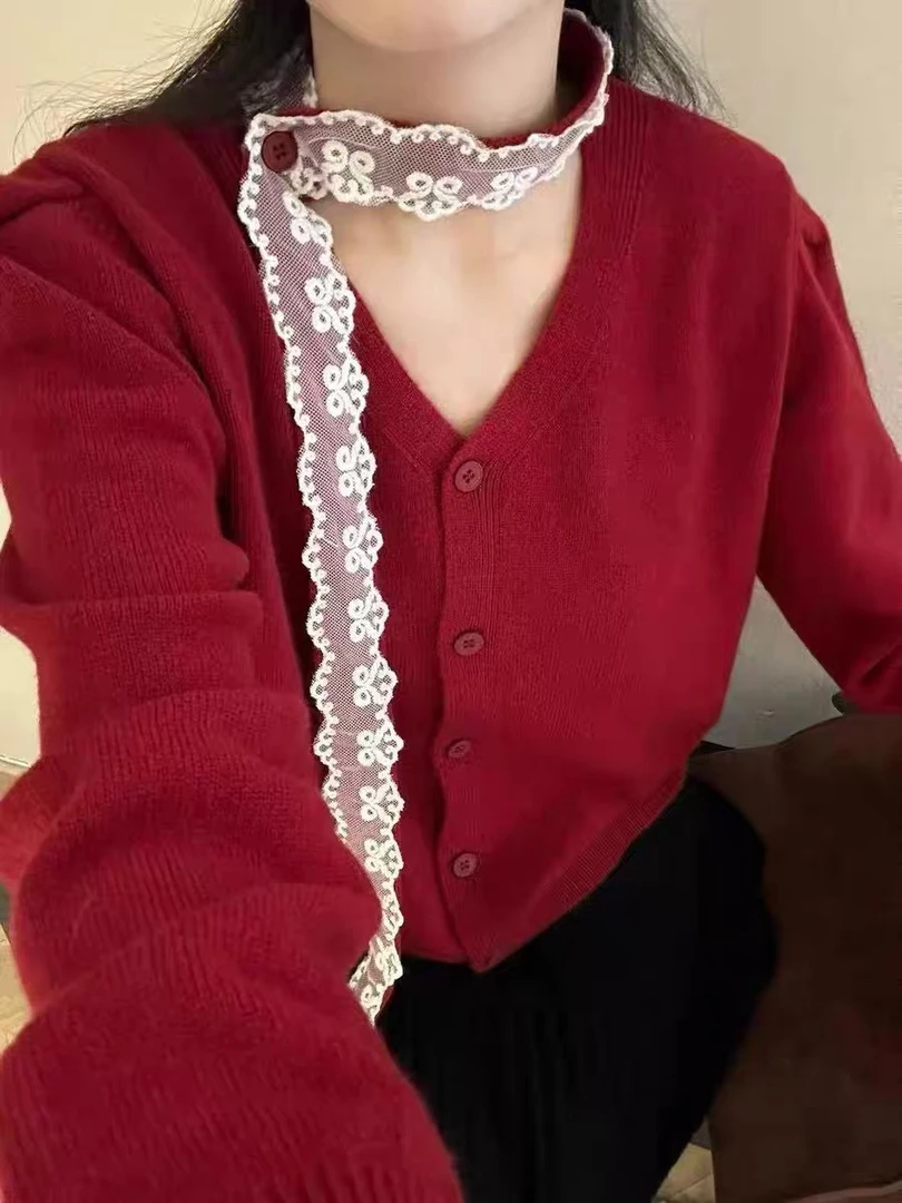 老赵服饰 V领蕾丝系带针织开衫毛衣 21AU3125