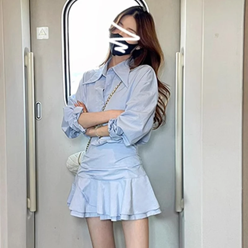 蓝色假两件长袖衬衫连衣裙春季2025新款小个子气质修身短裙D0398