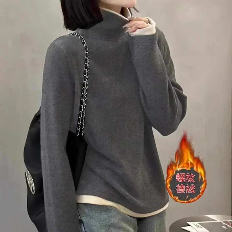 Li冬季澳绒高领加厚保暖港风气质百搭假两件打底衫秋冬新款百搭