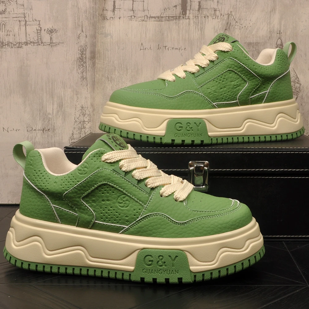 青春潮流男士真皮运动休闲板鞋厚底内增高时尚百搭绿色潮鞋学生鞋