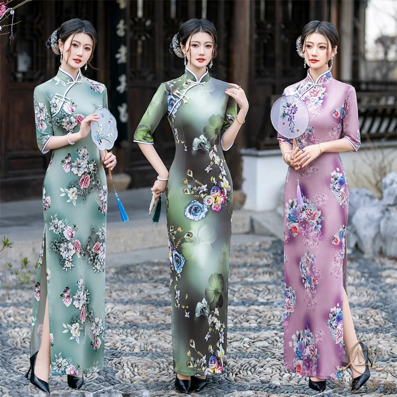 秀色梦舞2025新款民国风长款夏修身旗袍新中式复古高开叉斜襟走秀