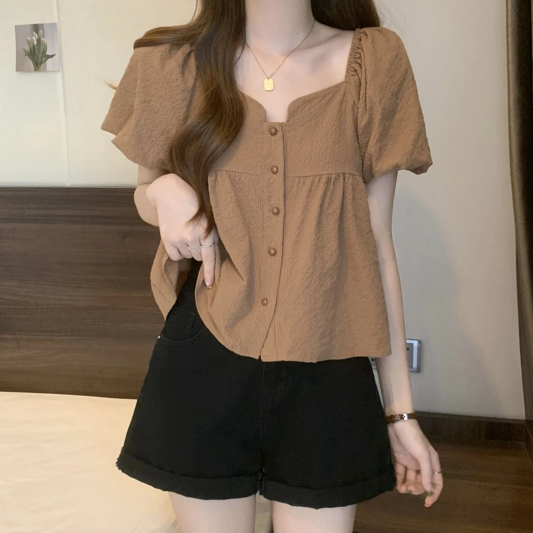 大码方领泡泡短袖衬衫女夏胖mm宽松显瘦遮肚气质法式正肩短款上衣