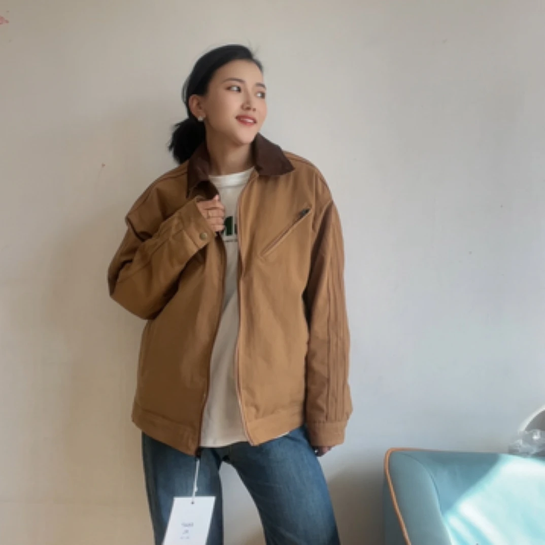 工装夹克加棉加厚时尚复古简约秋季休闲翻领百搭秋冬男女同款情侣