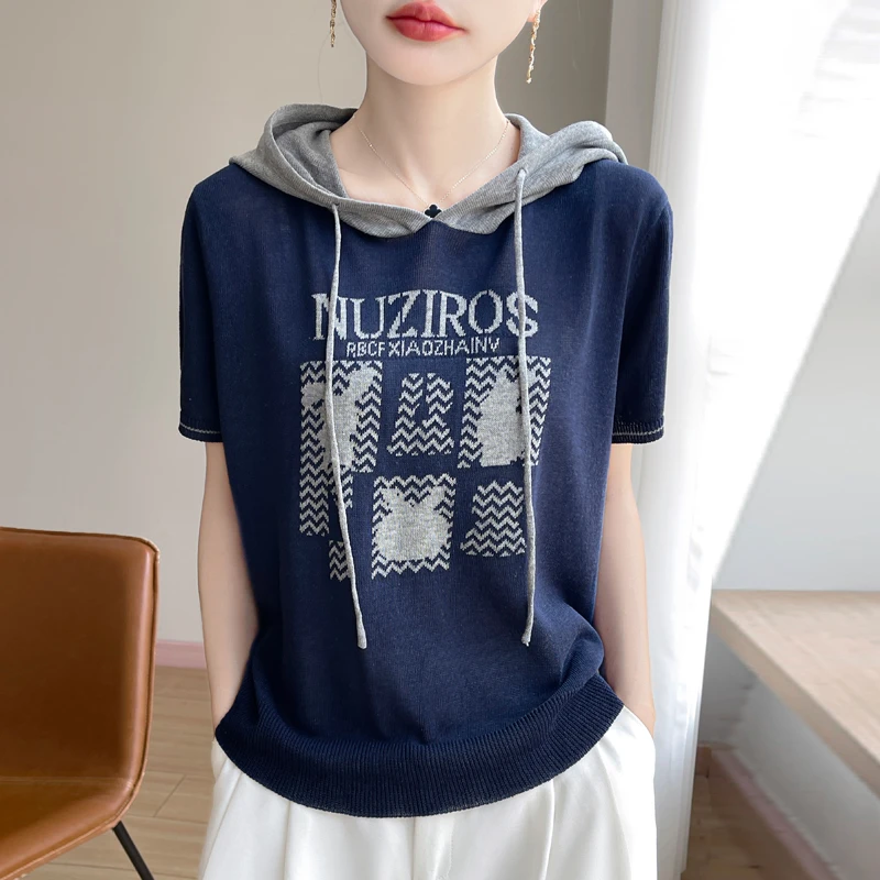 天丝亚麻时尚休闲连帽短袖针织衫25夏新款宽松显瘦百搭字母上衣女