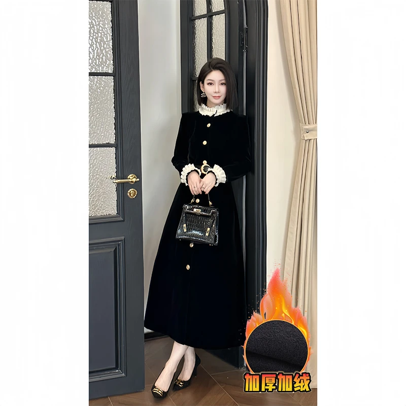 格娜冬季原创品质伞摆连衣裙加绒黑色长裙优雅花边高腰显瘦连衣裙