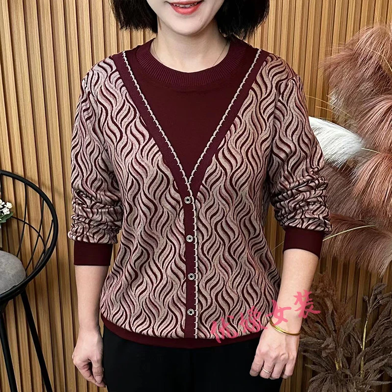 中老年女装秋季圆领撞色波浪纹假两件宽松显瘦洋气妈妈装长袖上衣