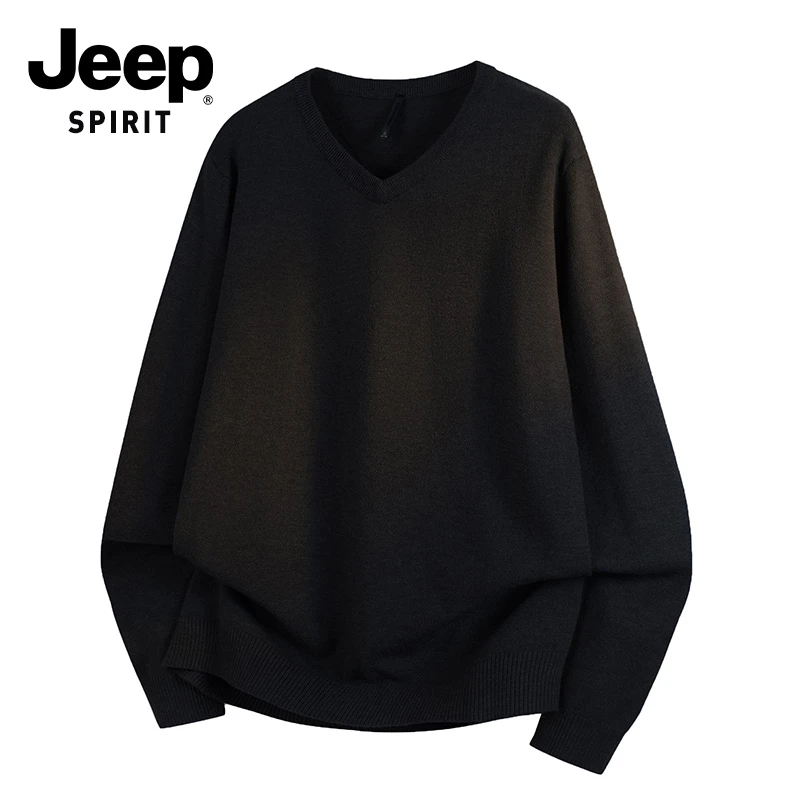 JEEPSPIRIT吉普纯色针织衫男士秋冬季保暖打底衫新款V领长袖毛衣