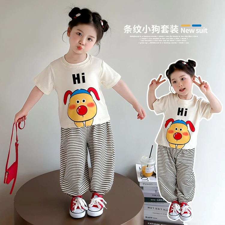套装女童中小童潮流流行儿童洋气休闲夏季薄款条纹女宝韩版卡通