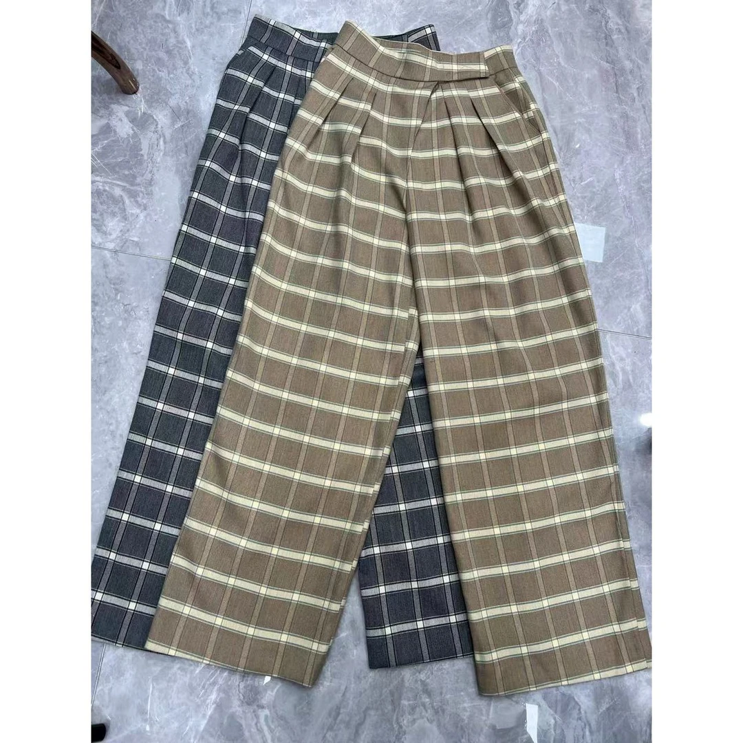 【晨浠定制】新款时尚气质百搭英伦风格子阔腿裤7395