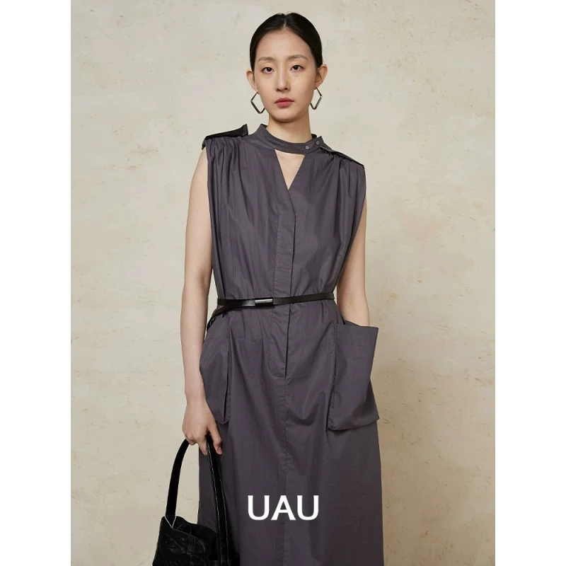 UAU女装2025夏新款女装简约复古工装风立领小飞袖收腰休闲连衣裙