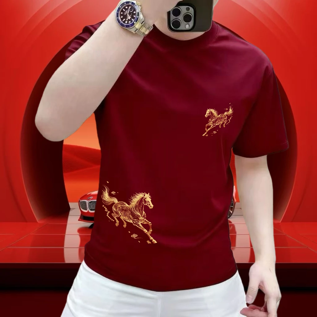 2026马年爆款纯棉骏马印花短袖T恤男士本命年红色高级感体恤上衣