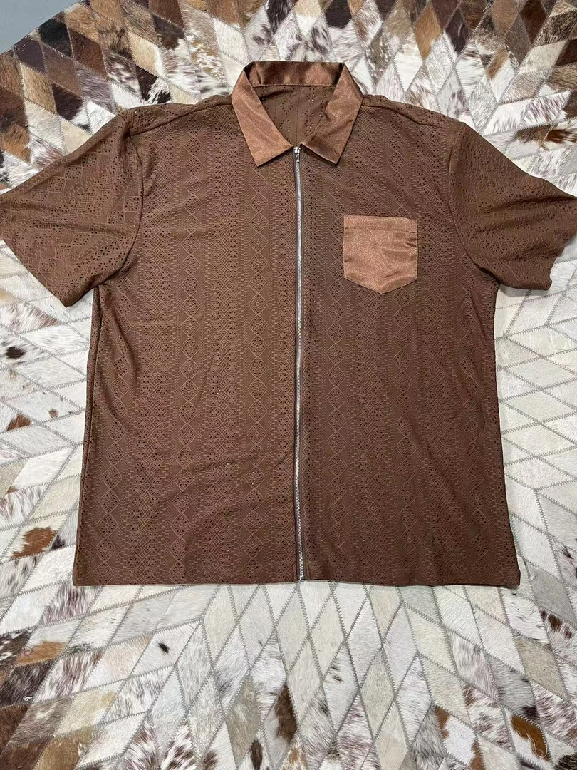 29500-简约纯色镂空透气拉链衬衫