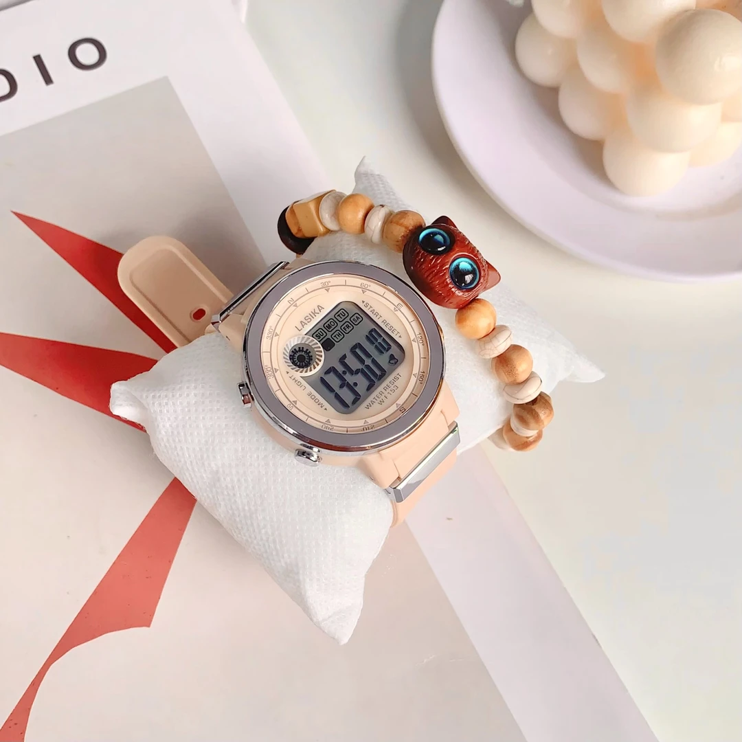 2025年奶茶色电子手表男女款夜光防水时尚学院风小学生初高中学生